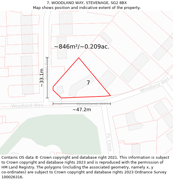 7, WOODLAND WAY, STEVENAGE, SG2 8BX: Plot and title map