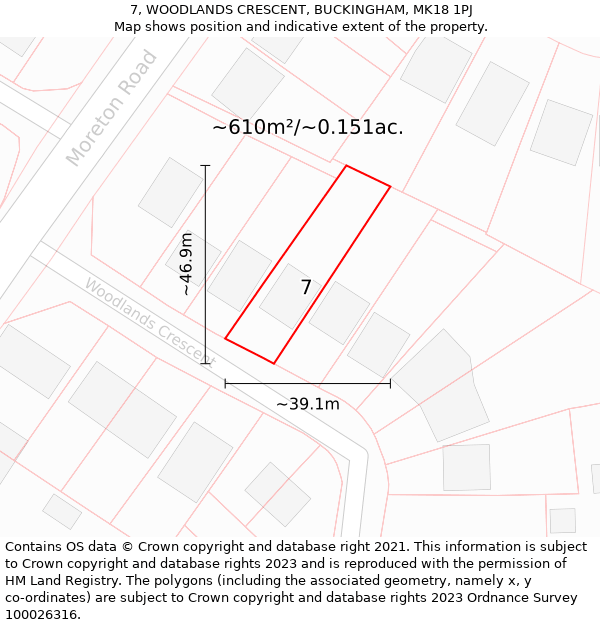 7, WOODLANDS CRESCENT, BUCKINGHAM, MK18 1PJ: Plot and title map