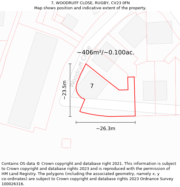 7, WOODRUFF CLOSE, RUGBY, CV23 0FN: Plot and title map