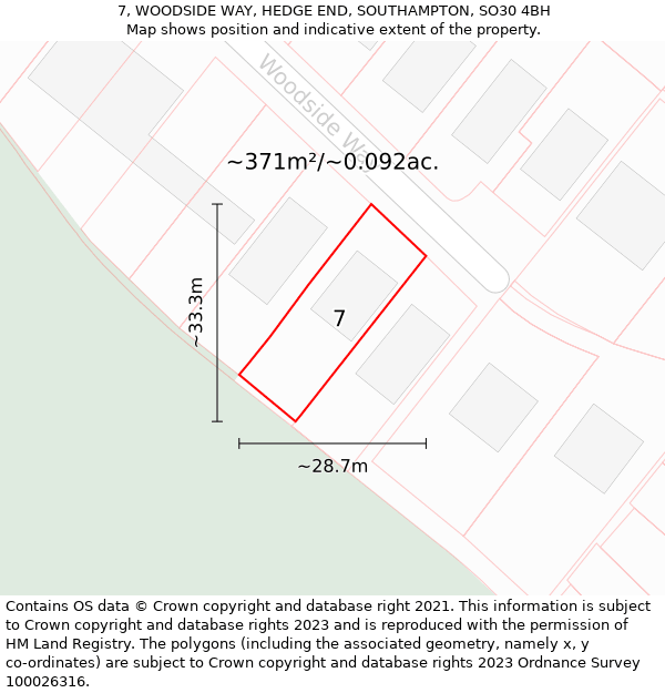 7, WOODSIDE WAY, HEDGE END, SOUTHAMPTON, SO30 4BH: Plot and title map