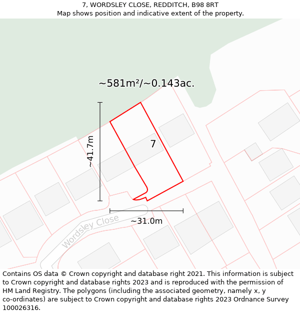 7, WORDSLEY CLOSE, REDDITCH, B98 8RT: Plot and title map