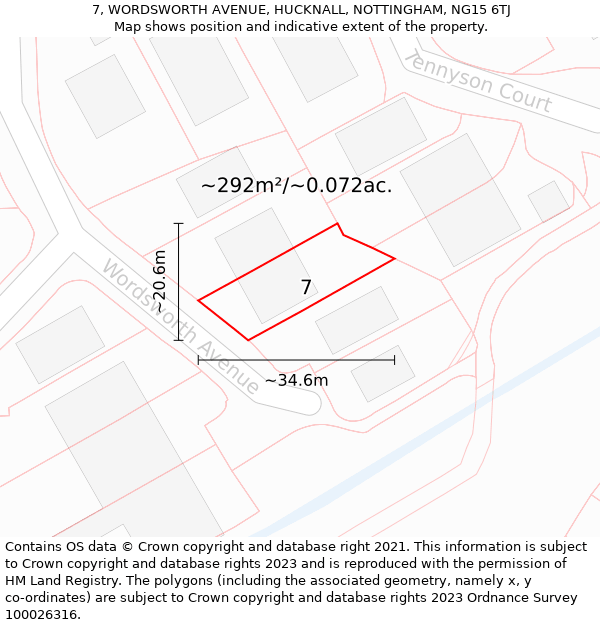 7, WORDSWORTH AVENUE, HUCKNALL, NOTTINGHAM, NG15 6TJ: Plot and title map