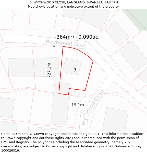 7, WYCHWOOD CLOSE, LANGLAND, SWANSEA, SA3 4PH: Plot and title map