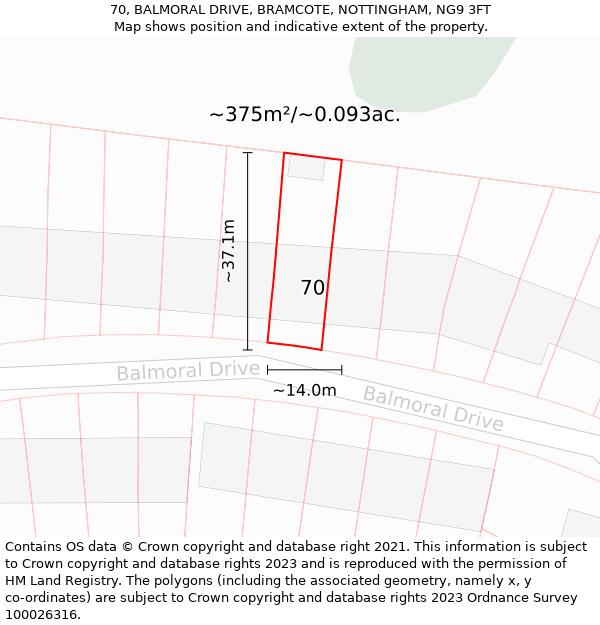 70, BALMORAL DRIVE, BRAMCOTE, NOTTINGHAM, NG9 3FT: Plot and title map