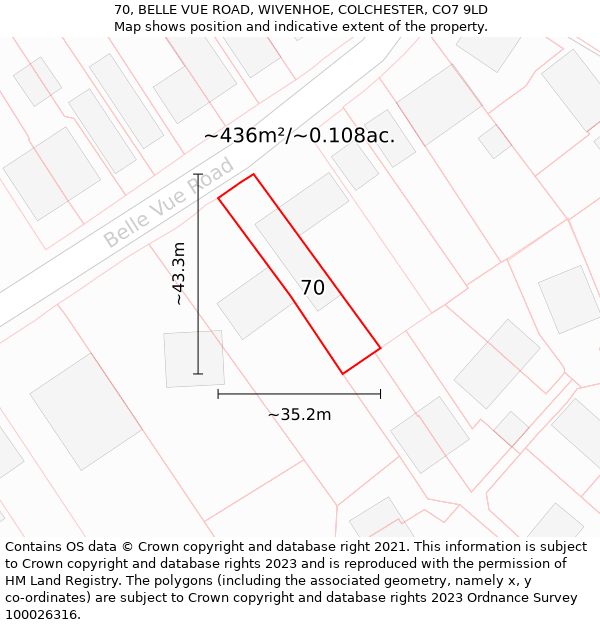 70, BELLE VUE ROAD, WIVENHOE, COLCHESTER, CO7 9LD: Plot and title map