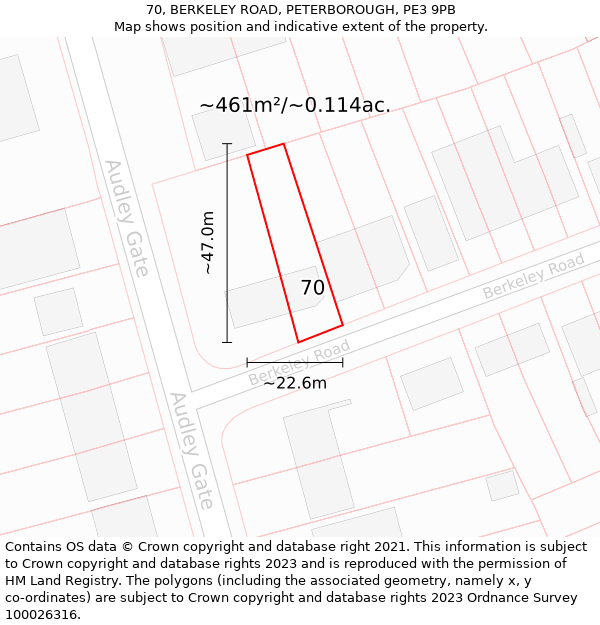 70, BERKELEY ROAD, PETERBOROUGH, PE3 9PB: Plot and title map