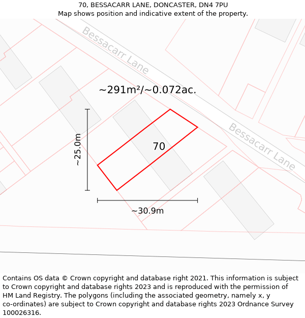 70, BESSACARR LANE, DONCASTER, DN4 7PU: Plot and title map