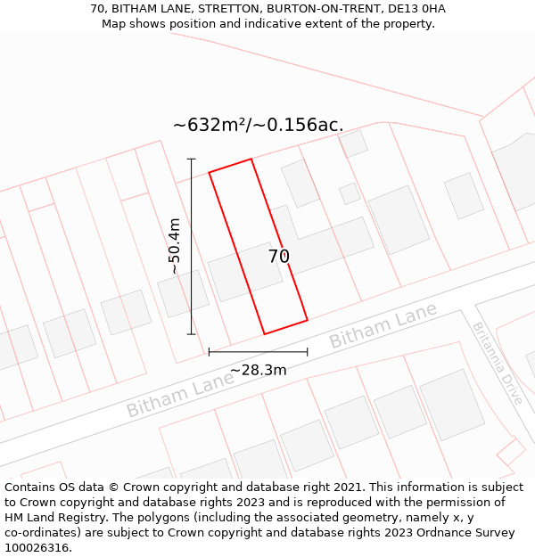 70, BITHAM LANE, STRETTON, BURTON-ON-TRENT, DE13 0HA: Plot and title map