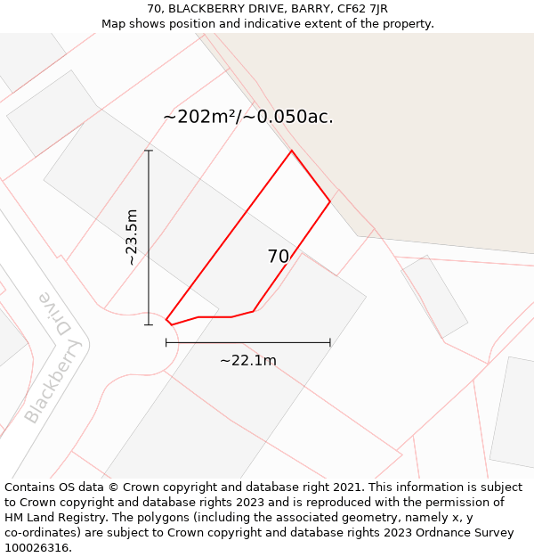 70, BLACKBERRY DRIVE, BARRY, CF62 7JR: Plot and title map