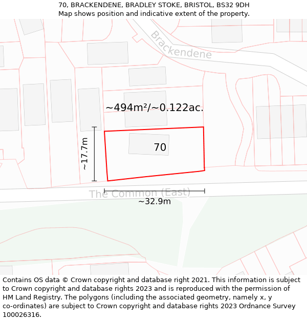 70, BRACKENDENE, BRADLEY STOKE, BRISTOL, BS32 9DH: Plot and title map