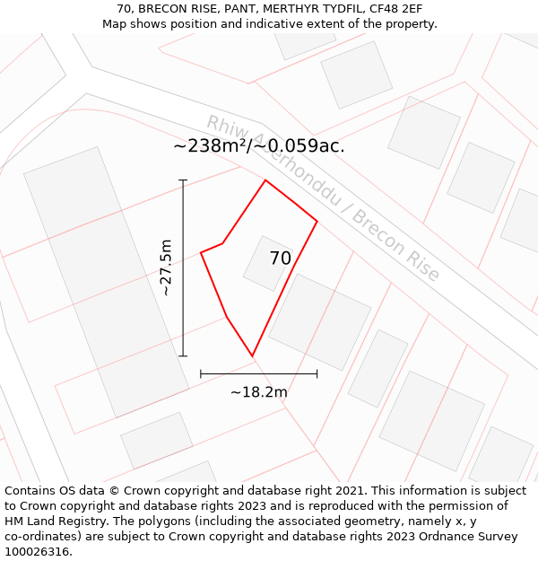 70, BRECON RISE, PANT, MERTHYR TYDFIL, CF48 2EF: Plot and title map