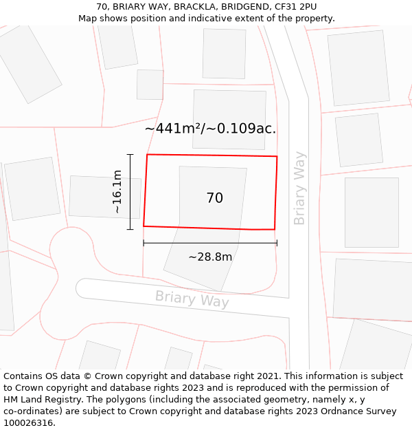 70, BRIARY WAY, BRACKLA, BRIDGEND, CF31 2PU: Plot and title map