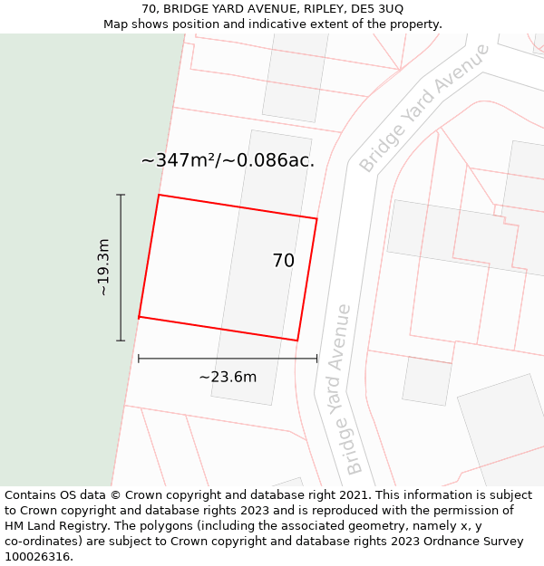 70, BRIDGE YARD AVENUE, RIPLEY, DE5 3UQ: Plot and title map