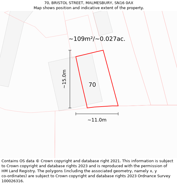 70, BRISTOL STREET, MALMESBURY, SN16 0AX: Plot and title map