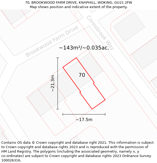 70, BROOKWOOD FARM DRIVE, KNAPHILL, WOKING, GU21 2FW: Plot and title map