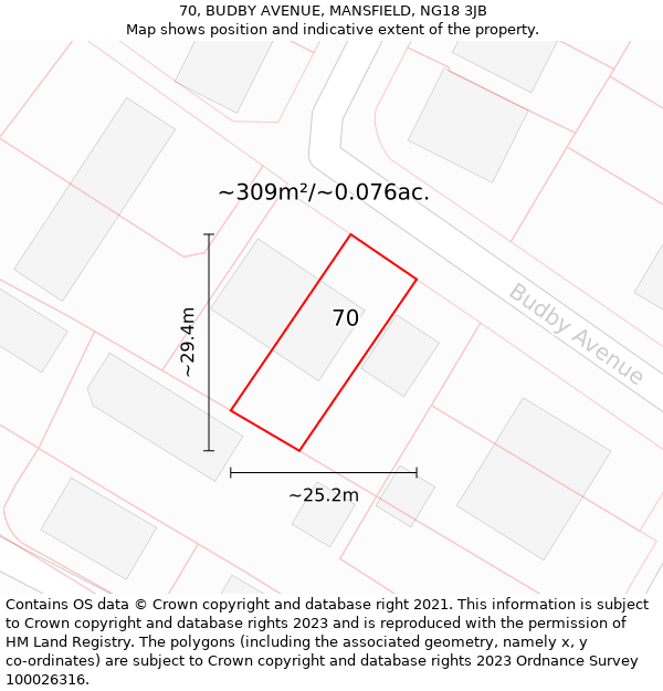 70, BUDBY AVENUE, MANSFIELD, NG18 3JB: Plot and title map