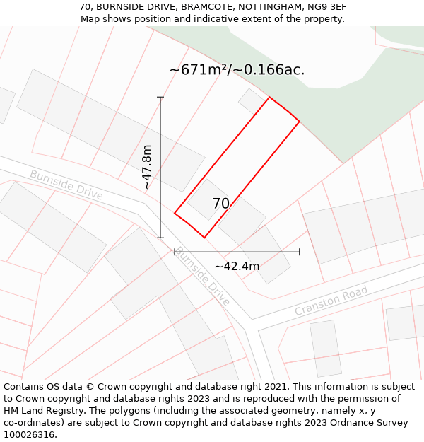 70, BURNSIDE DRIVE, BRAMCOTE, NOTTINGHAM, NG9 3EF: Plot and title map