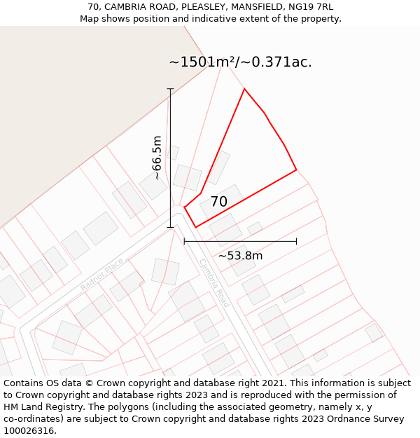 70, CAMBRIA ROAD, PLEASLEY, MANSFIELD, NG19 7RL: Plot and title map