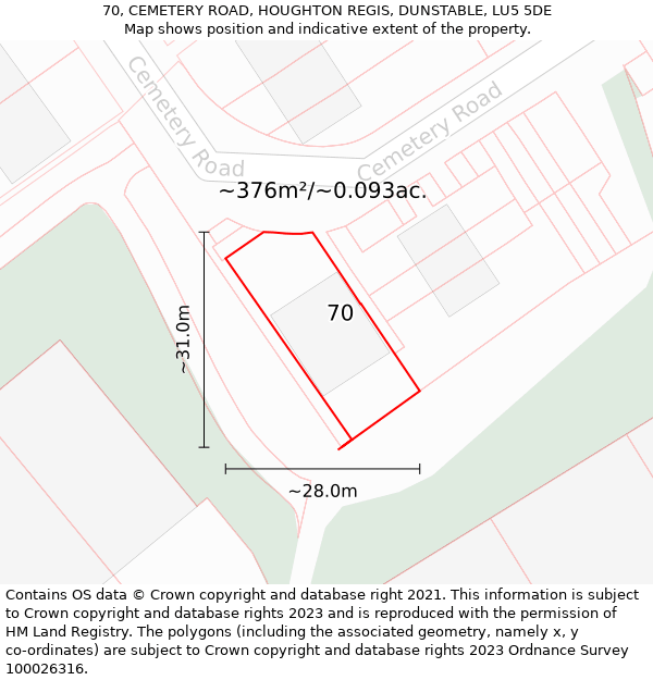 70, CEMETERY ROAD, HOUGHTON REGIS, DUNSTABLE, LU5 5DE: Plot and title map