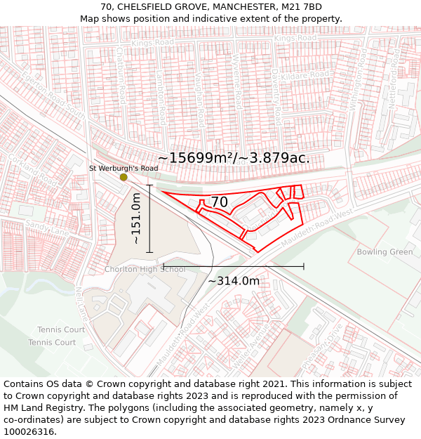 70, CHELSFIELD GROVE, MANCHESTER, M21 7BD: Plot and title map