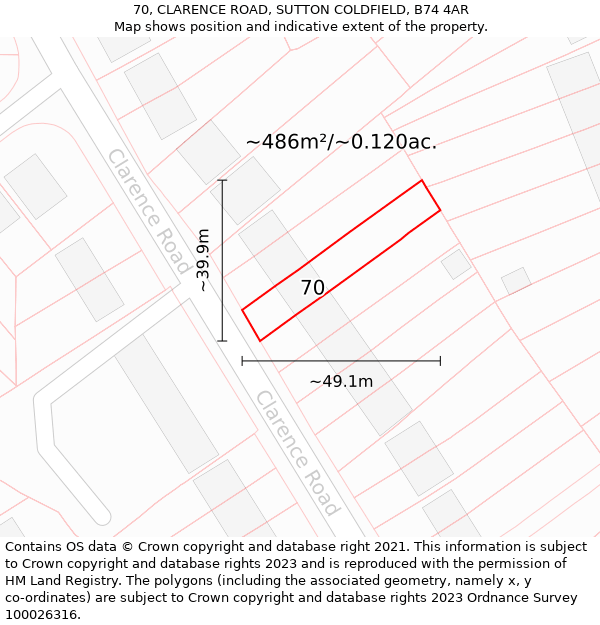 70, CLARENCE ROAD, SUTTON COLDFIELD, B74 4AR: Plot and title map