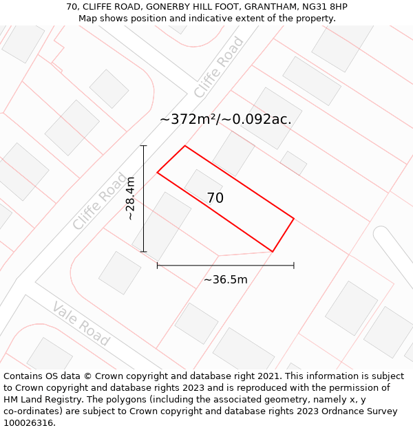 70, CLIFFE ROAD, GONERBY HILL FOOT, GRANTHAM, NG31 8HP: Plot and title map