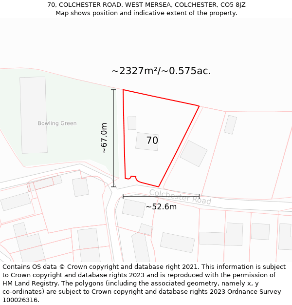 70, COLCHESTER ROAD, WEST MERSEA, COLCHESTER, CO5 8JZ: Plot and title map