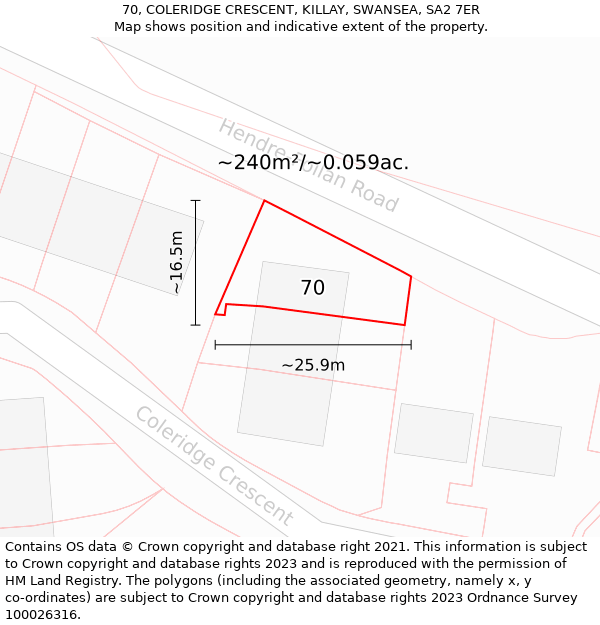 70, COLERIDGE CRESCENT, KILLAY, SWANSEA, SA2 7ER: Plot and title map