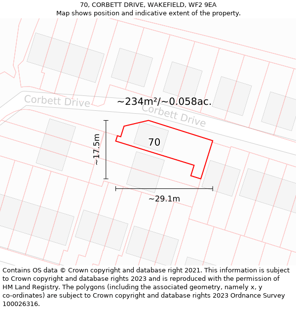 70, CORBETT DRIVE, WAKEFIELD, WF2 9EA: Plot and title map