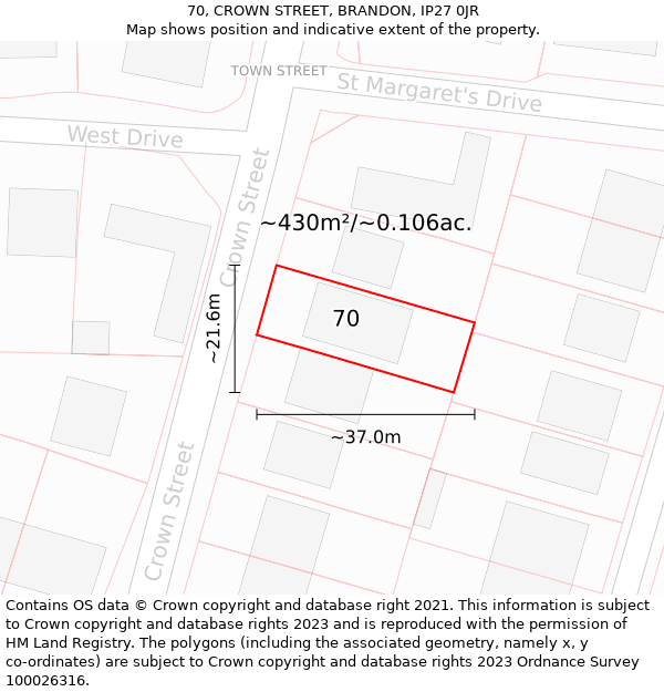 70, CROWN STREET, BRANDON, IP27 0JR: Plot and title map