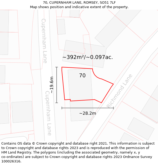 70, CUPERNHAM LANE, ROMSEY, SO51 7LF: Plot and title map