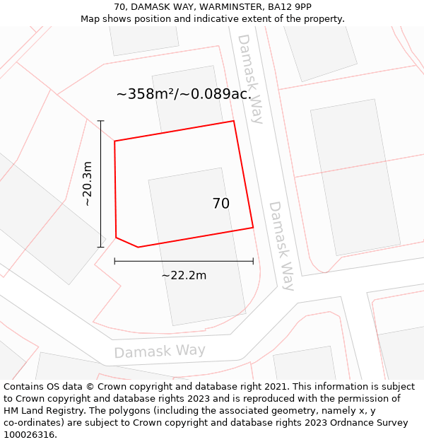 70, DAMASK WAY, WARMINSTER, BA12 9PP: Plot and title map