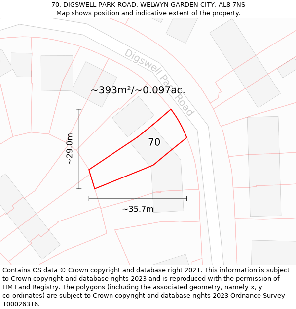 70, DIGSWELL PARK ROAD, WELWYN GARDEN CITY, AL8 7NS: Plot and title map