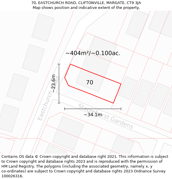 70, EASTCHURCH ROAD, CLIFTONVILLE, MARGATE, CT9 3JA: Plot and title map