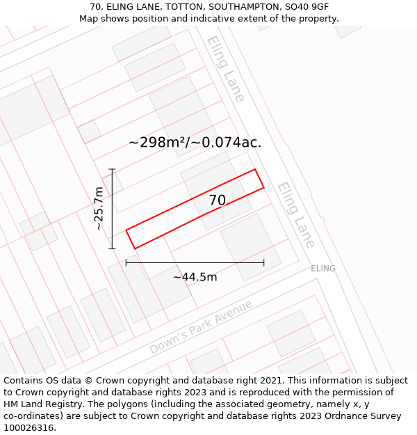 70, ELING LANE, TOTTON, SOUTHAMPTON, SO40 9GF: Plot and title map