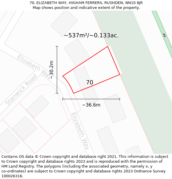 70, ELIZABETH WAY, HIGHAM FERRERS, RUSHDEN, NN10 8JR: Plot and title map