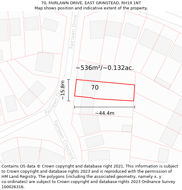 70, FAIRLAWN DRIVE, EAST GRINSTEAD, RH19 1NT: Plot and title map