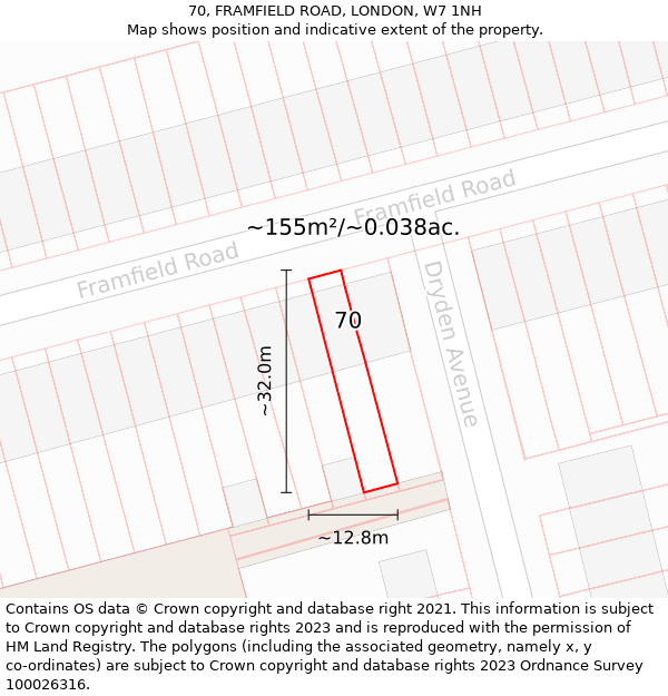 70, FRAMFIELD ROAD, LONDON, W7 1NH: Plot and title map