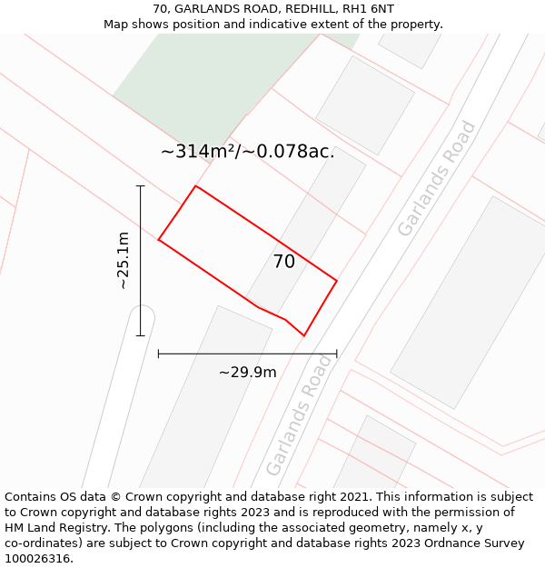 70, GARLANDS ROAD, REDHILL, RH1 6NT: Plot and title map