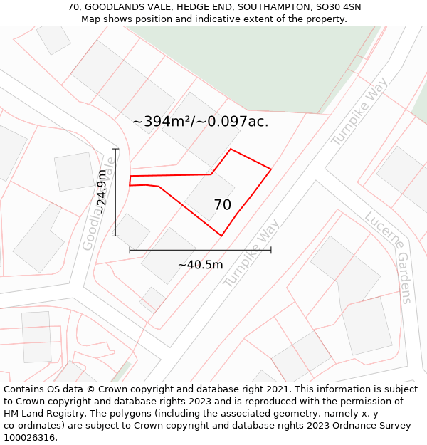 70, GOODLANDS VALE, HEDGE END, SOUTHAMPTON, SO30 4SN: Plot and title map