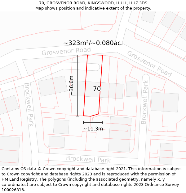 70, GROSVENOR ROAD, KINGSWOOD, HULL, HU7 3DS: Plot and title map