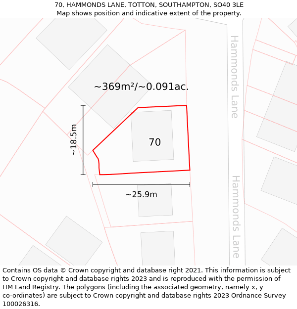 70, HAMMONDS LANE, TOTTON, SOUTHAMPTON, SO40 3LE: Plot and title map