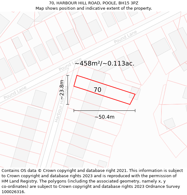 70, HARBOUR HILL ROAD, POOLE, BH15 3PZ: Plot and title map