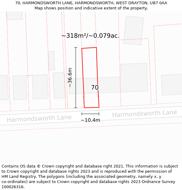 70, HARMONDSWORTH LANE, HARMONDSWORTH, WEST DRAYTON, UB7 0AA: Plot and title map