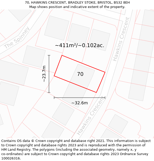 70, HAWKINS CRESCENT, BRADLEY STOKE, BRISTOL, BS32 8EH: Plot and title map