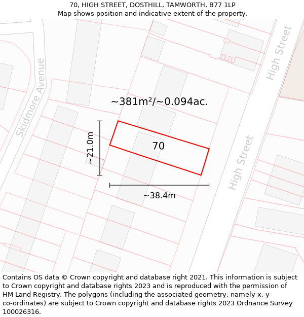 70, HIGH STREET, DOSTHILL, TAMWORTH, B77 1LP: Plot and title map