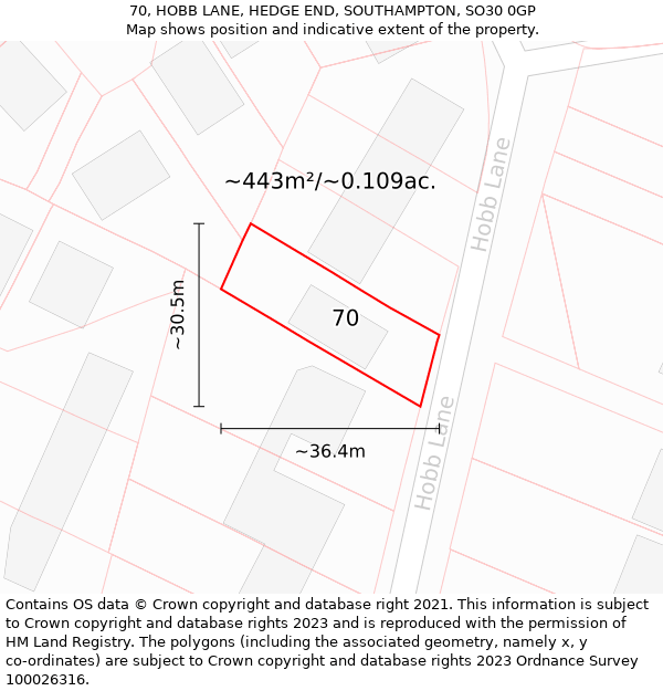 70, HOBB LANE, HEDGE END, SOUTHAMPTON, SO30 0GP: Plot and title map