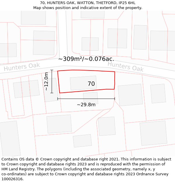 70, HUNTERS OAK, WATTON, THETFORD, IP25 6HL: Plot and title map