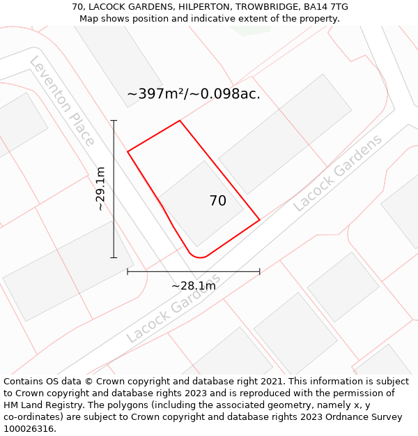 70, LACOCK GARDENS, HILPERTON, TROWBRIDGE, BA14 7TG: Plot and title map