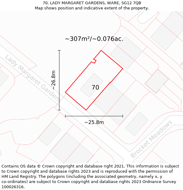 70, LADY MARGARET GARDENS, WARE, SG12 7QB: Plot and title map